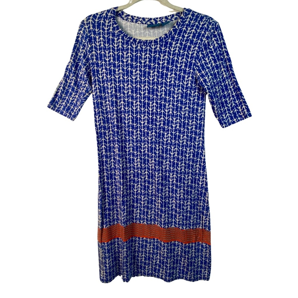 Antibes Blanc Blue White Anchors Nautical Print Fitted Midi Dress Size XS
